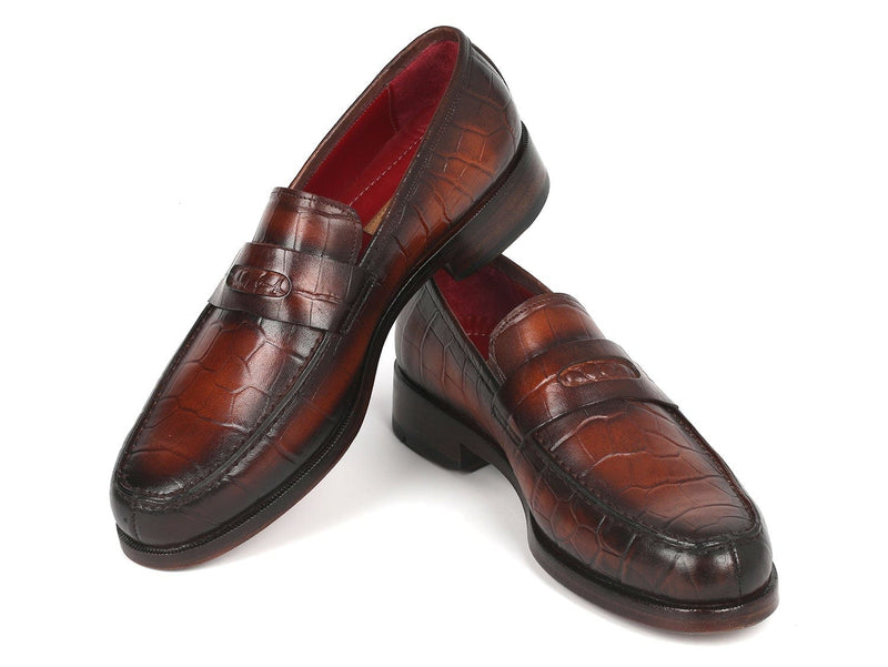 PAUL PARKMAN Paul Parkman Brown Crocodile Embossed Calfskin Penny Loafers (ID#3857-BRW)