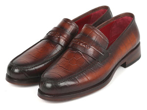 PAUL PARKMAN Paul Parkman Brown Crocodile Embossed Calfskin Penny Loafers (ID#3857-BRW)