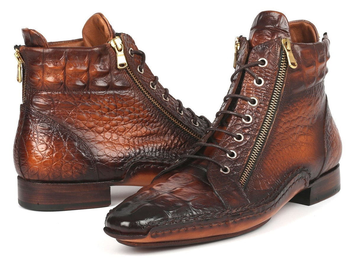 PAUL PARKMAN Paul Parkman Crocodile Textured Calfskin Handmade Zipper Boots (ID#88APK87)