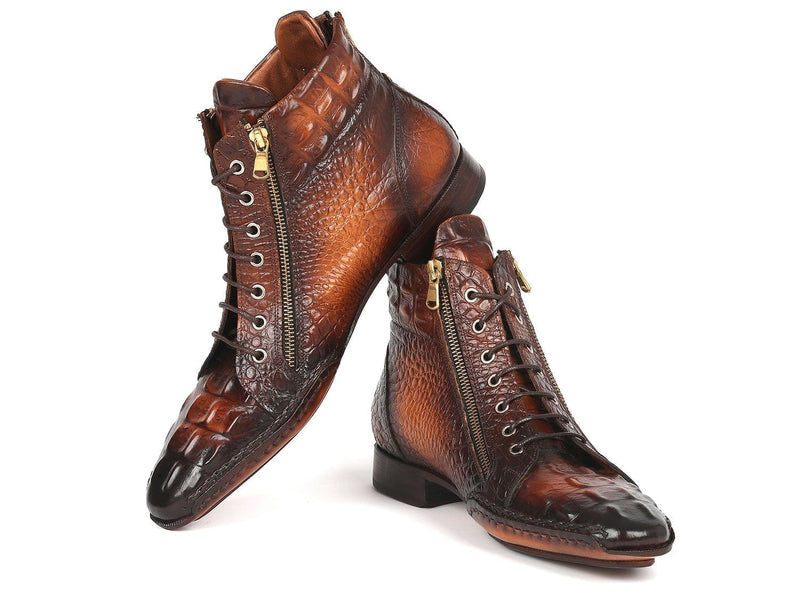 PAUL PARKMAN Paul Parkman Crocodile Textured Calfskin Handmade Zipper Boots (ID#88APK87)