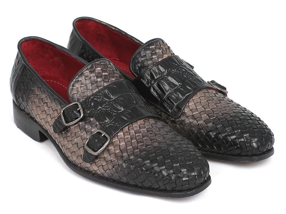 PAUL PARKMAN Paul Parkman Gray Woven & Croc Embossed Monkstraps (ID#HK588-GRY)