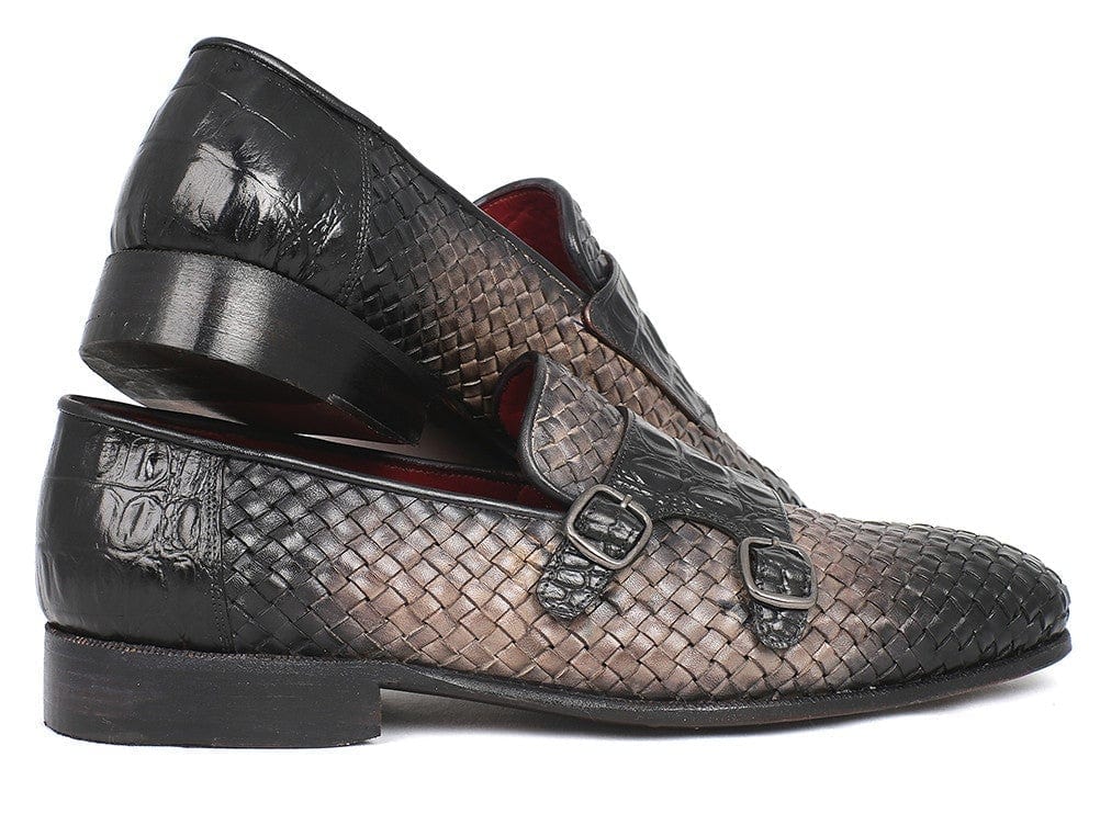 PAUL PARKMAN Paul Parkman Gray Woven & Croc Embossed Monkstraps (ID#HK588-GRY)