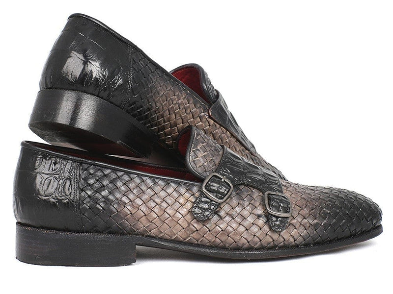 PAUL PARKMAN Paul Parkman Gray Woven & Croc Embossed Monkstraps (ID#HK588-GRY)