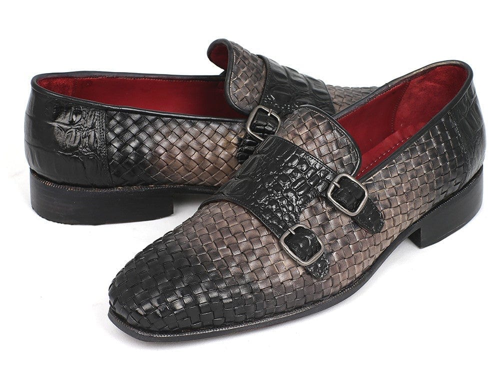 PAUL PARKMAN Paul Parkman Gray Woven & Croc Embossed Monkstraps (ID#HK588-GRY)