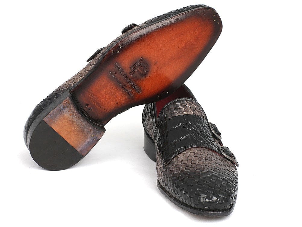 PAUL PARKMAN Paul Parkman Gray Woven & Croc Embossed Monkstraps (ID#HK588-GRY)