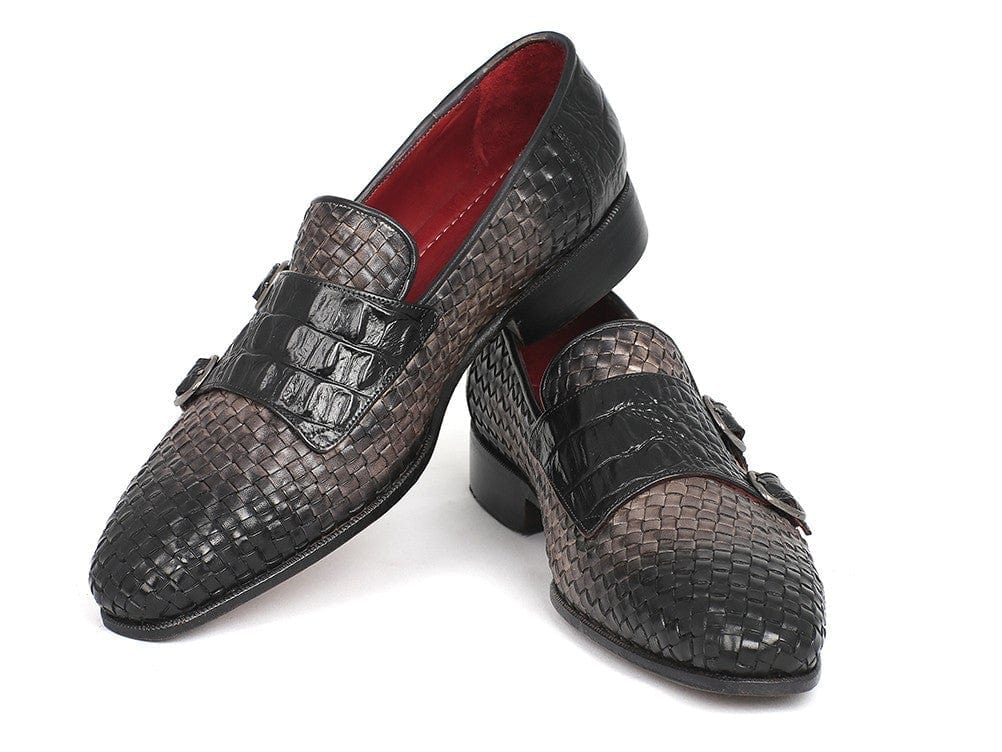 PAUL PARKMAN Paul Parkman Gray Woven & Croc Embossed Monkstraps (ID#HK588-GRY)