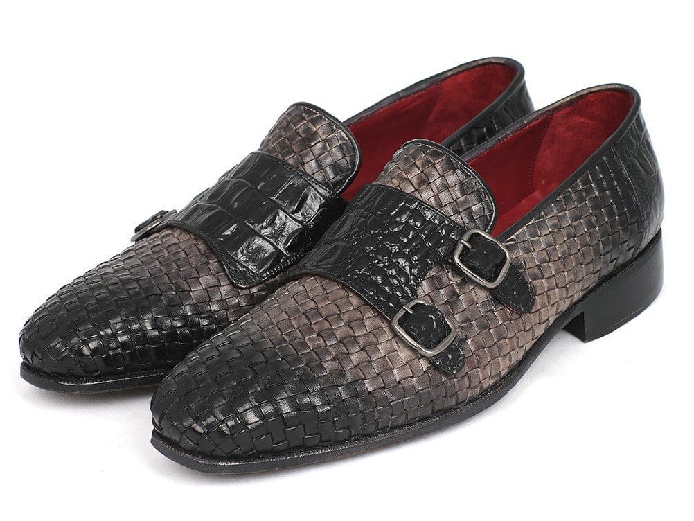 PAUL PARKMAN Paul Parkman Gray Woven & Croc Embossed Monkstraps (ID#HK588-GRY)