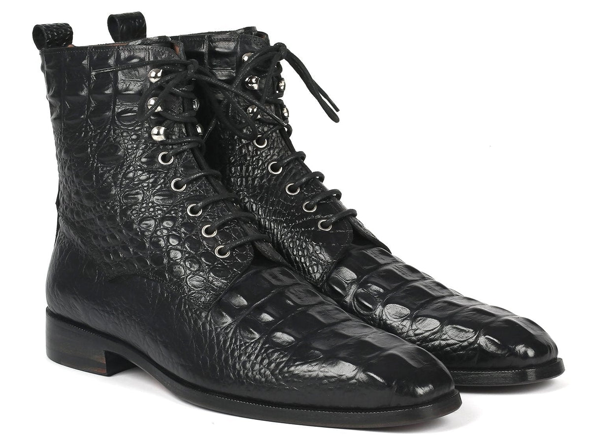 PAUL PARKMAN Paul Parkman Men's Black Croco Embossed Leather Lace-Up Boots (ID#BT744-BLK)