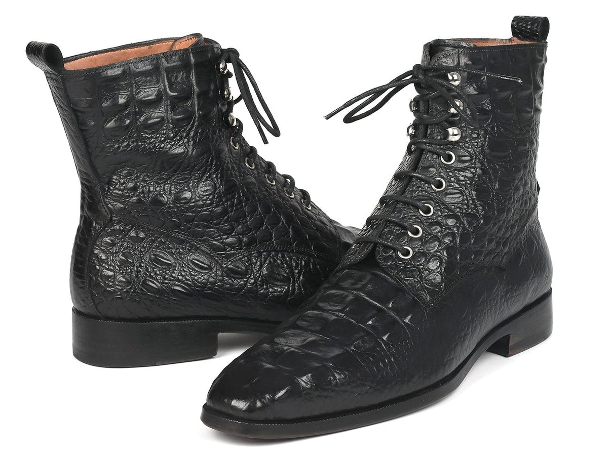 PAUL PARKMAN Paul Parkman Men's Black Croco Embossed Leather Lace-Up Boots (ID#BT744-BLK)