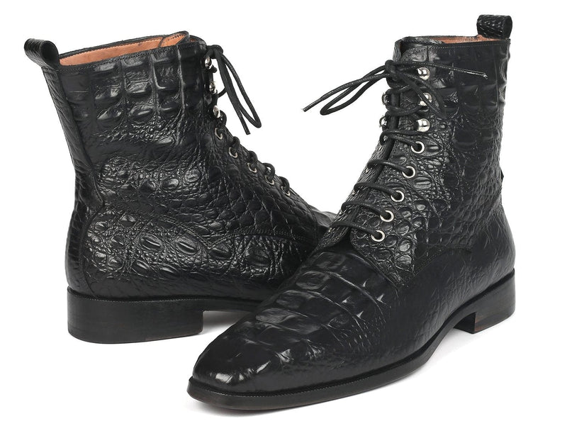 PAUL PARKMAN Paul Parkman Men's Black Croco Embossed Leather Lace-Up Boots (ID#BT744-BLK)
