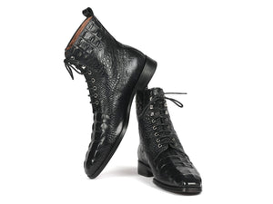 PAUL PARKMAN Paul Parkman Men's Black Croco Embossed Leather Lace-Up Boots (ID#BT744-BLK)