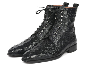 PAUL PARKMAN Paul Parkman Men's Black Croco Embossed Leather Lace-Up Boots (ID#BT744-BLK)