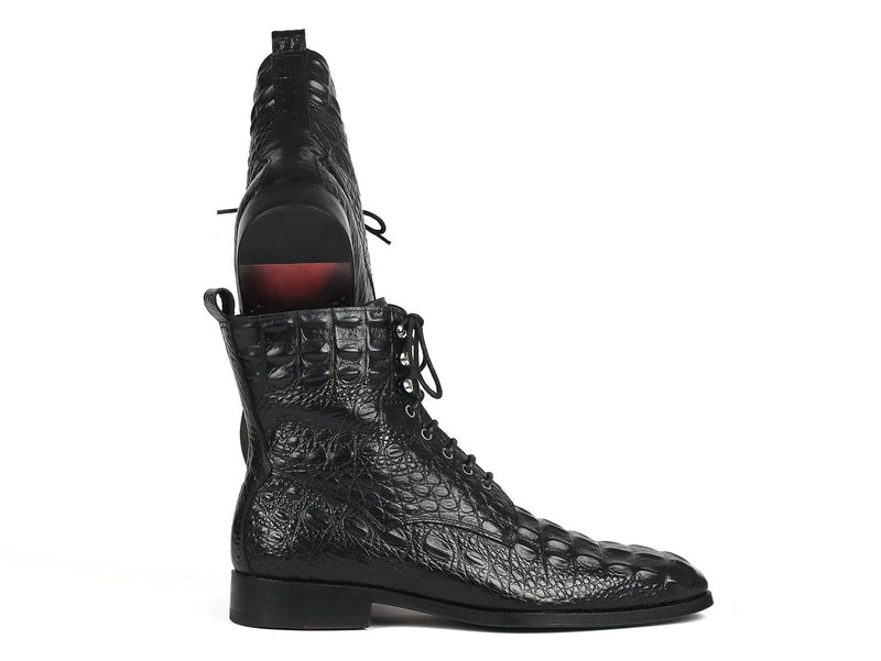 PAUL PARKMAN Paul Parkman Men's Black Croco Embossed Leather Lace-Up Boots (ID#BT744-BLK)