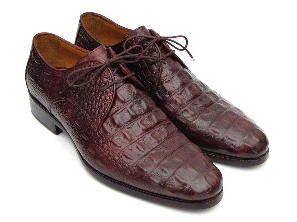 PAUL PARKMAN Paul Parkman Men's Brown & Bordeaux Crocodile Embossed Calfskin Derby Shoes (ID#1438BRD)