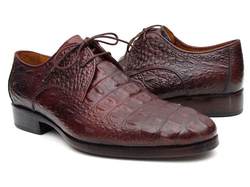 PAUL PARKMAN Paul Parkman Men's Brown & Bordeaux Crocodile Embossed Calfskin Derby Shoes (ID#1438BRD)