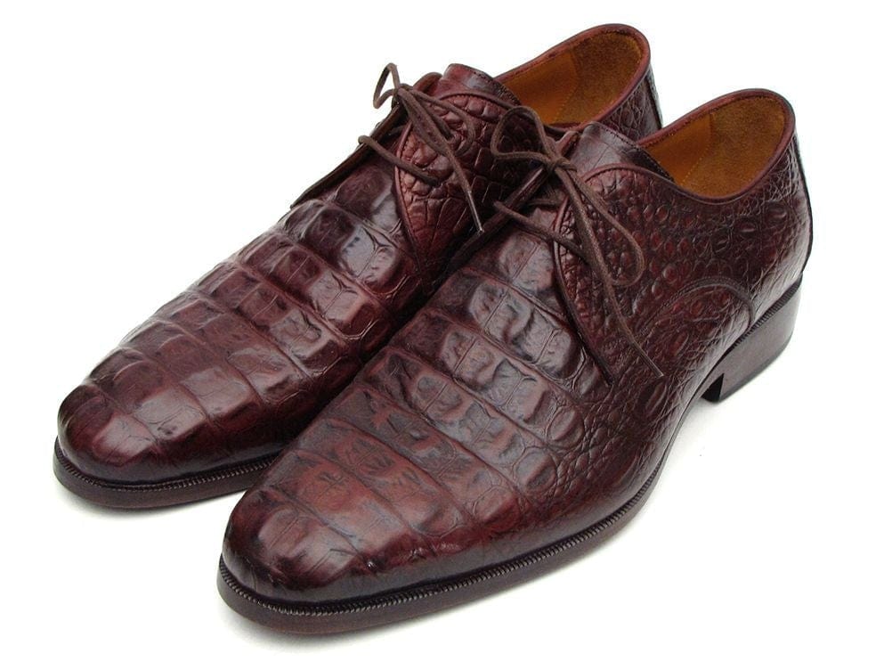 PAUL PARKMAN Paul Parkman Men's Brown & Bordeaux Crocodile Embossed Calfskin Derby Shoes (ID#1438BRD)