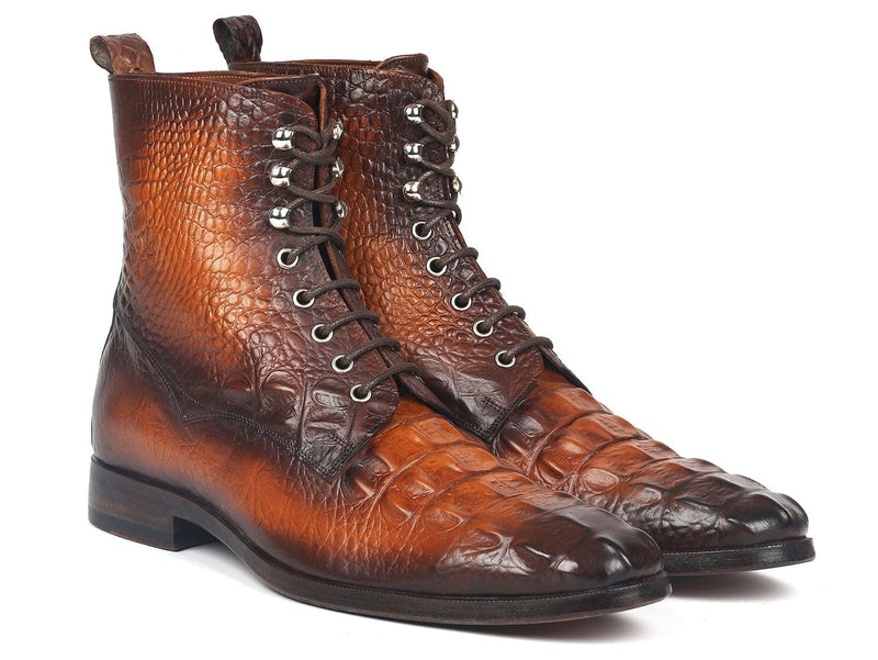 PAUL PARKMAN Paul Parkman Men's Brown Croco Embossed Leather Lace-Up Boots (ID#BT744-BRW)