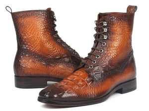 PAUL PARKMAN Paul Parkman Men's Brown Croco Embossed Leather Lace-Up Boots (ID#BT744-BRW)