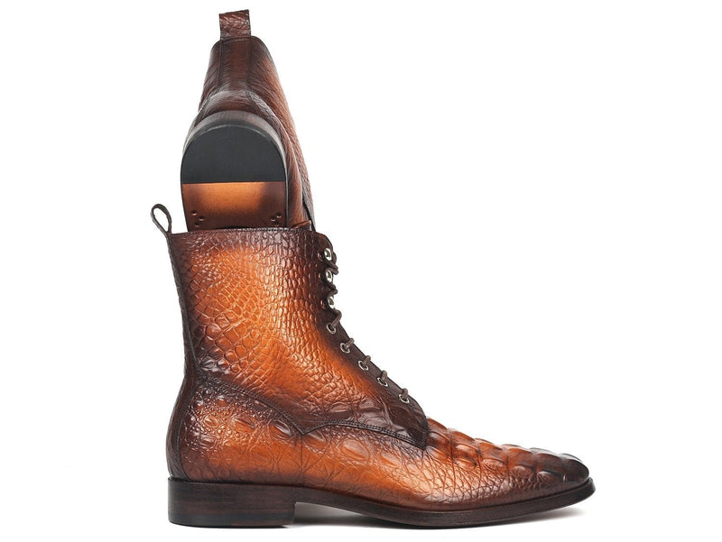 PAUL PARKMAN Paul Parkman Men's Brown Croco Embossed Leather Lace-Up Boots (ID#BT744-BRW)