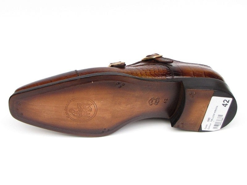 PAUL PARKMAN Paul Parkman Men's Brown Crocodile Embossed Calfskin Double Monkstrap (ID#045-APR-BRW)