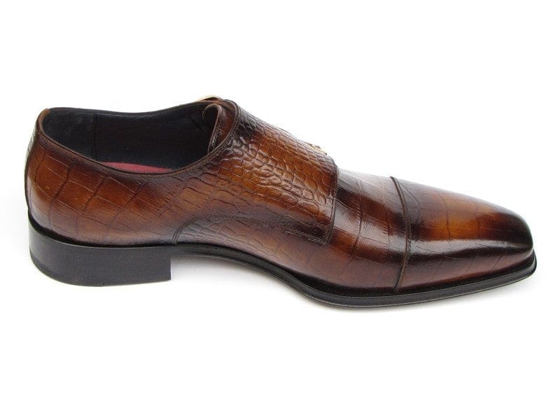 PAUL PARKMAN Paul Parkman Men's Brown Crocodile Embossed Calfskin Double Monkstrap (ID#045-APR-BRW)