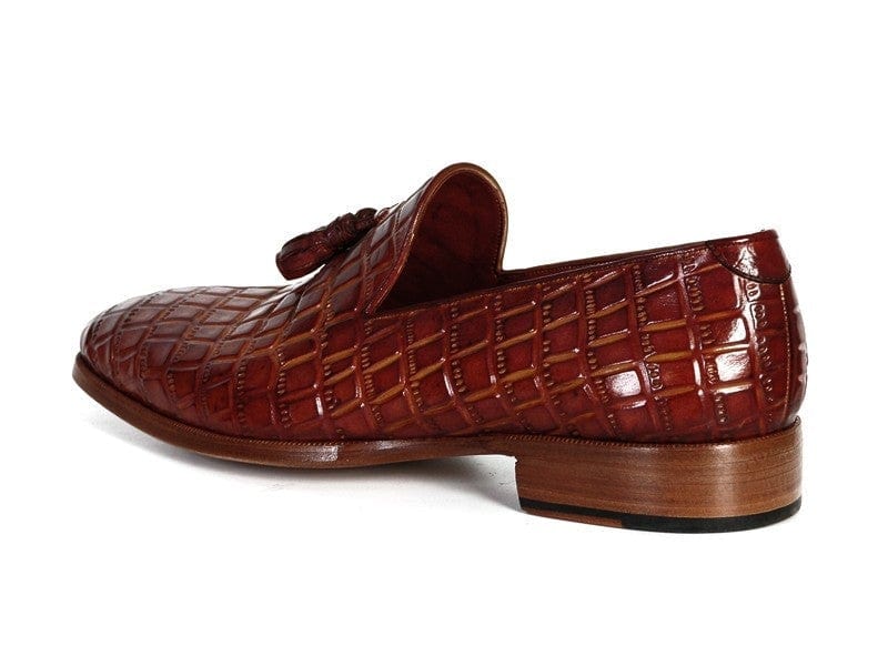 PAUL PARKMAN Paul Parkman Men's Brown Crocodile Embossed Calfskin Tassel Loafer (ID#0823-BRW)