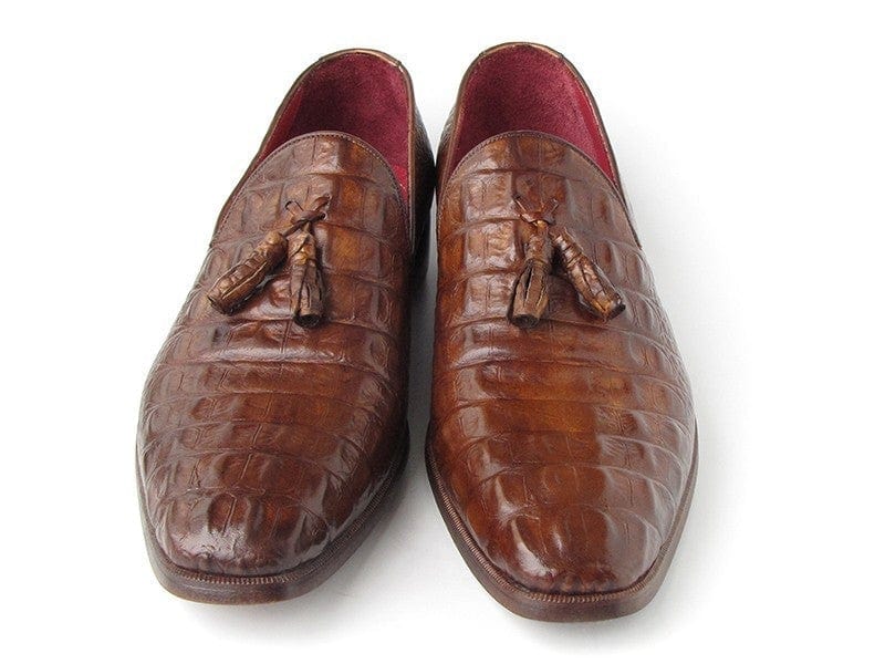 PAUL PARKMAN Paul Parkman Men's Brown Crocodile Embossed Calfskin Tassel Loafer (ID#PP2281-BRW)