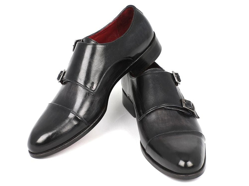 PAUL PARKMAN Paul Parkman Men's Cap-Toe Double Monkstraps Gray & Black (ID#0457-GRY)