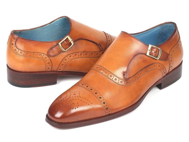 PAUL PARKMAN Paul Parkman Men's Cap Toe Monkstrap Shoes Cognac (ID#65CGN97)