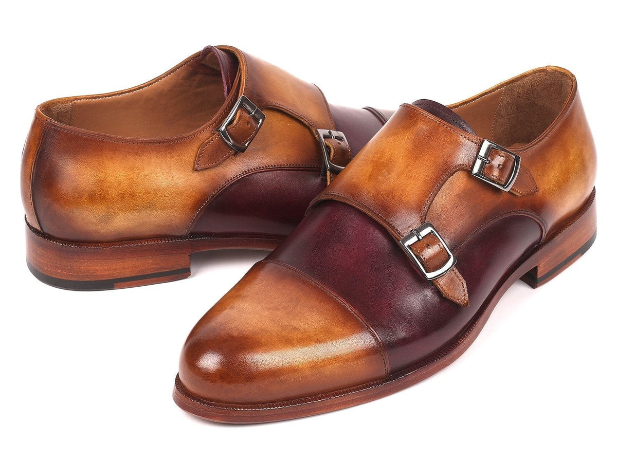 PAUL PARKMAN Paul Parkman Men's Captoe Double Monkstraps Brown & Purple (ID#045BP17)