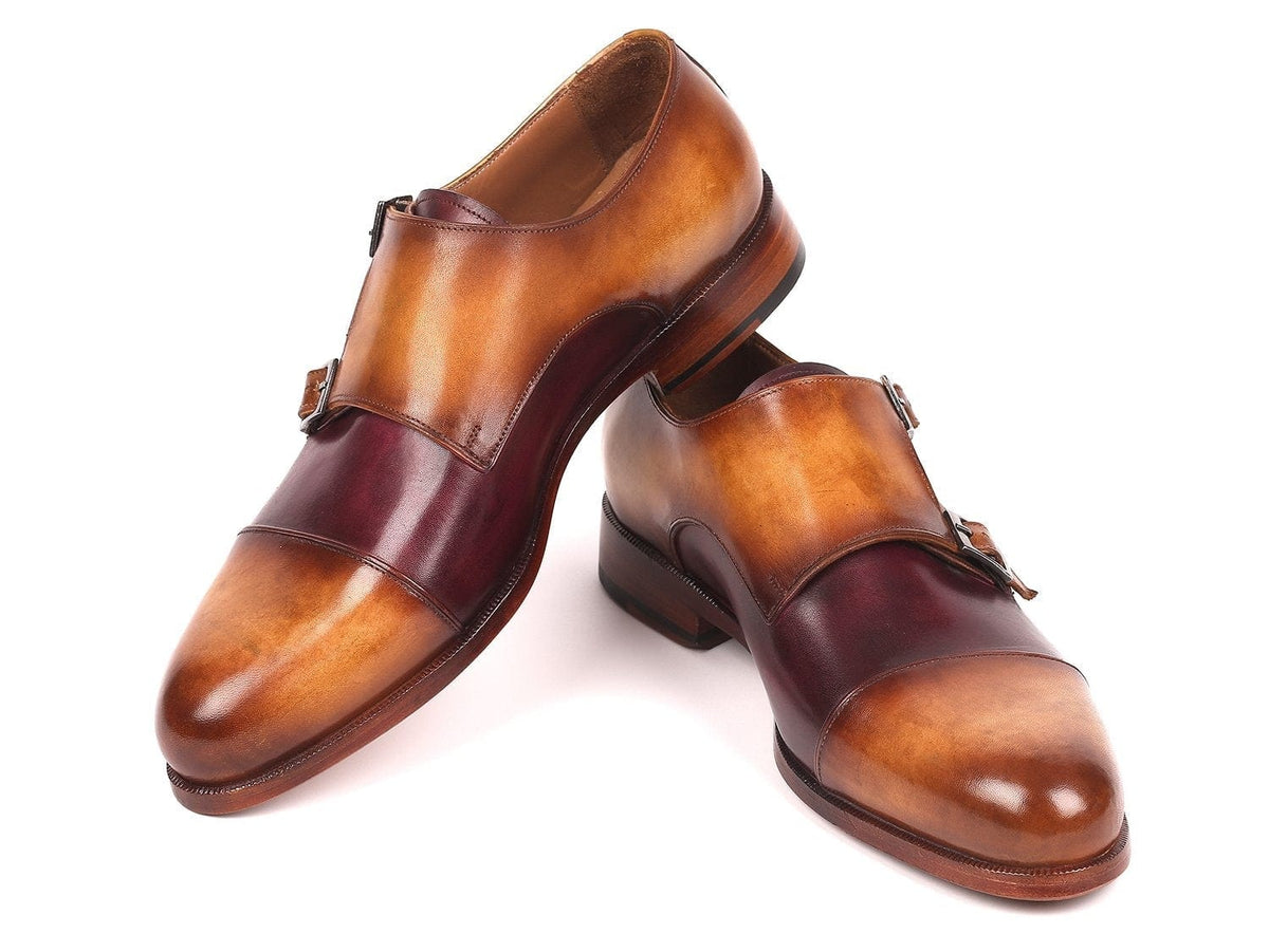 PAUL PARKMAN Paul Parkman Men's Captoe Double Monkstraps Brown & Purple (ID#045BP17)