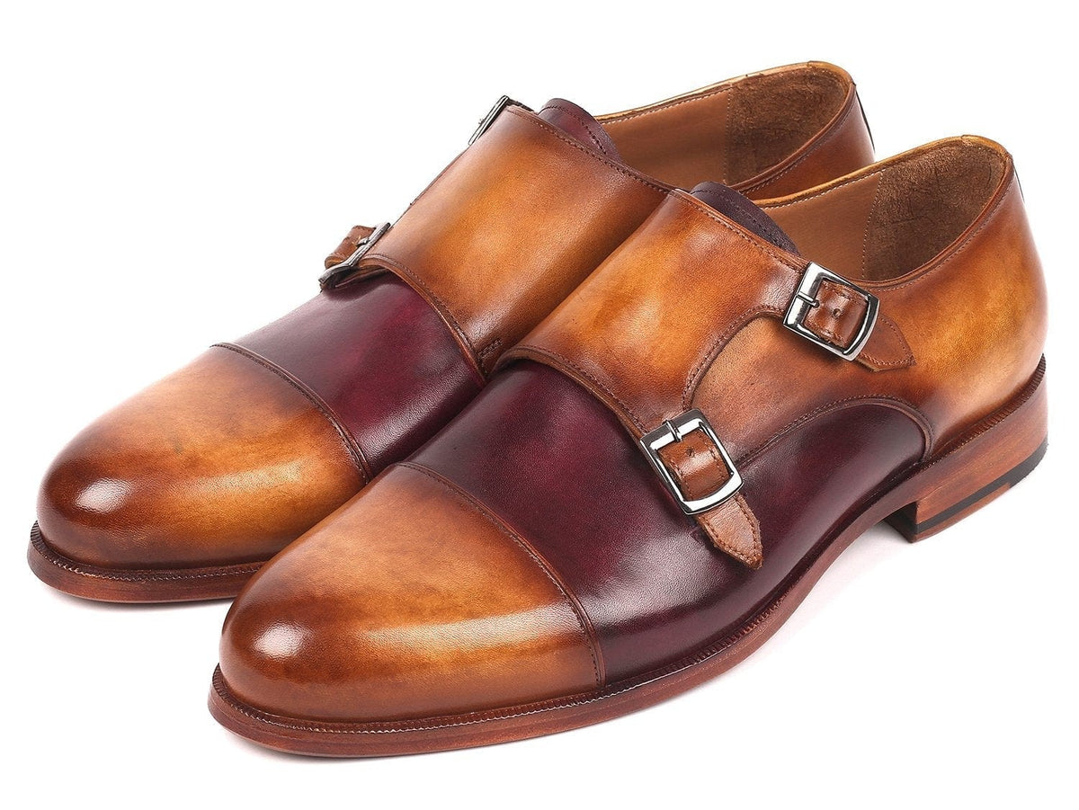 PAUL PARKMAN Paul Parkman Men's Captoe Double Monkstraps Brown & Purple (ID#045BP17)