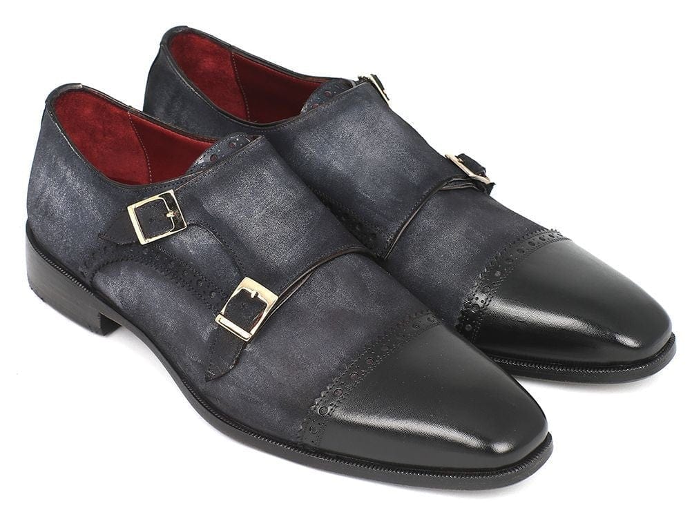 PAUL PARKMAN Paul Parkman Men's Captoe Double Monkstraps Navy Suede (ID#FK77W)