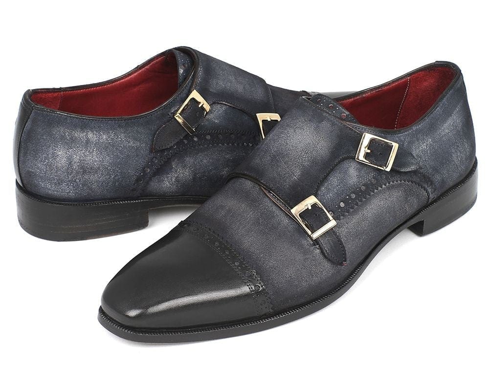 PAUL PARKMAN Paul Parkman Men's Captoe Double Monkstraps Navy Suede (ID#FK77W)