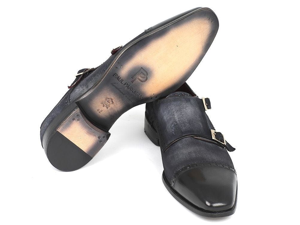 PAUL PARKMAN Paul Parkman Men's Captoe Double Monkstraps Navy Suede (ID#FK77W)