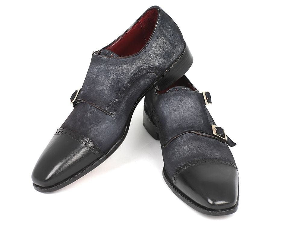 PAUL PARKMAN Paul Parkman Men's Captoe Double Monkstraps Navy Suede (ID#FK77W)