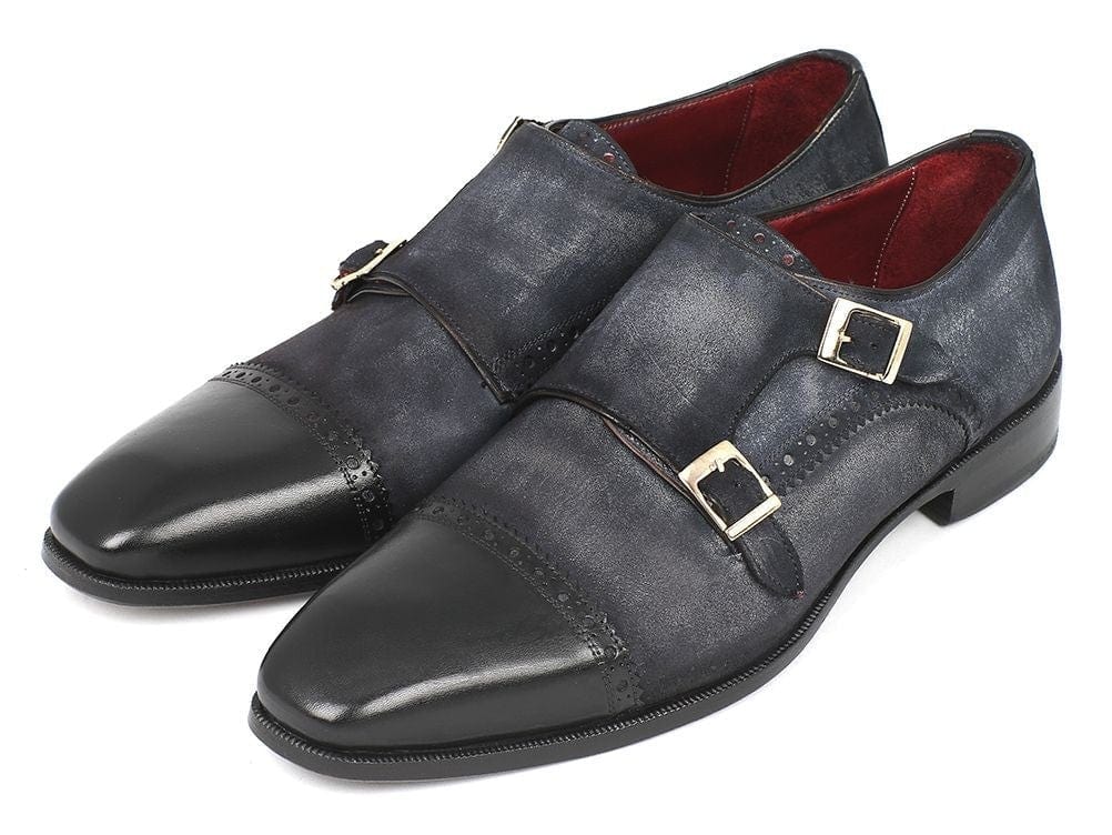 PAUL PARKMAN Paul Parkman Men's Captoe Double Monkstraps Navy Suede (ID#FK77W)