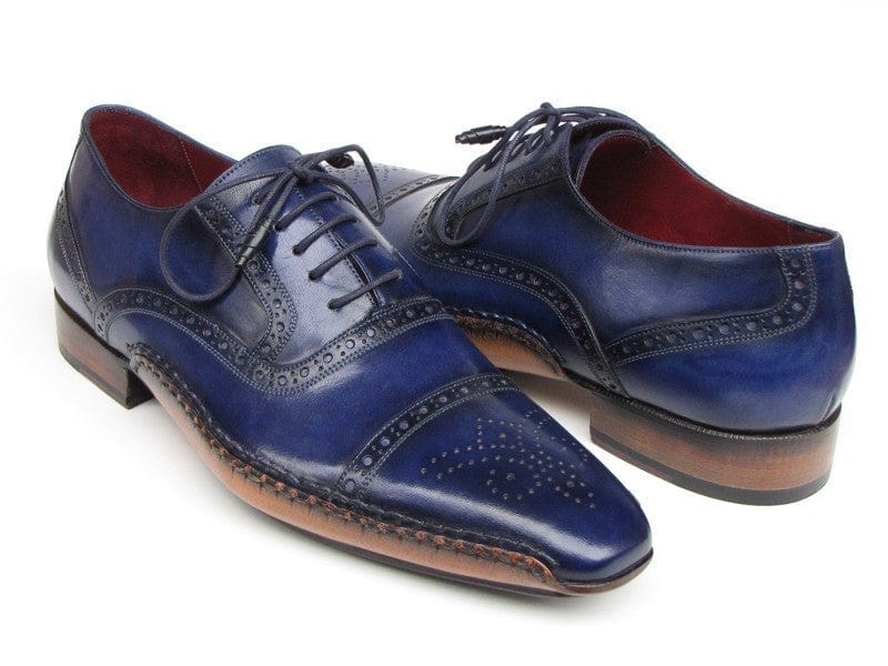 PAUL PARKMAN Paul Parkman Men's Captoe Navy Blue Hand Painted Oxfords (ID#5032-NAVY)