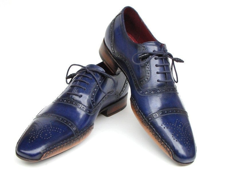 PAUL PARKMAN Paul Parkman Men's Captoe Navy Blue Hand Painted Oxfords (ID#5032-NAVY)