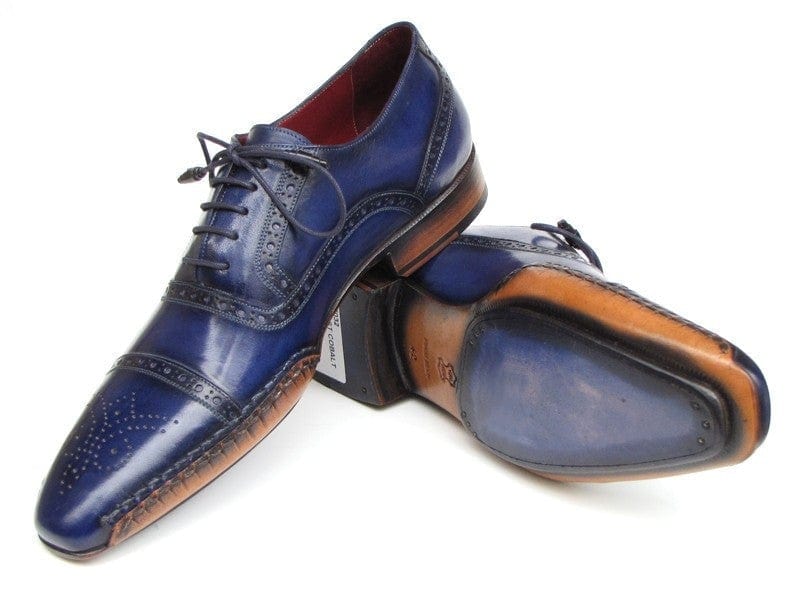 PAUL PARKMAN Paul Parkman Men's Captoe Navy Blue Hand Painted Oxfords (ID#5032-NAVY)