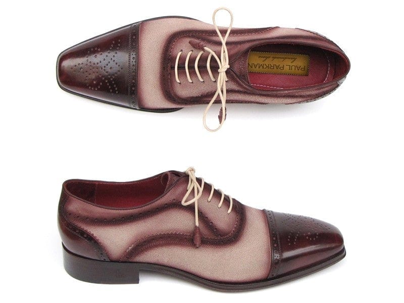 PAUL PARKMAN Paul Parkman Men's Captoe Oxfords - Bordeaux / Beige Hand-Painted Suede Upper and Leather Sole (ID#024-BRR)