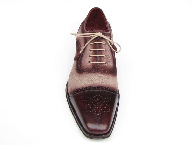 PAUL PARKMAN Paul Parkman Men's Captoe Oxfords - Bordeaux / Beige Hand-Painted Suede Upper and Leather Sole (ID#024-BRR)