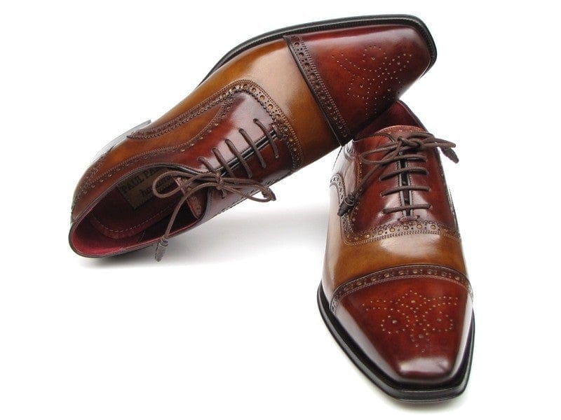 PAUL PARKMAN Paul Parkman Men's Captoe Oxfords - Camel / Red Hand-Painted Leather Upper and Leather Sole (ID#024-CML-BRD)