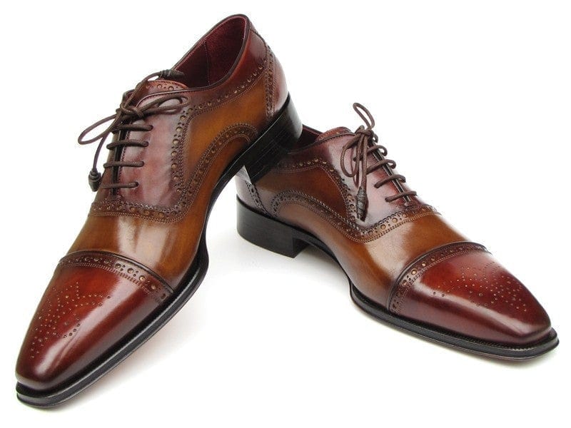 PAUL PARKMAN Paul Parkman Men's Captoe Oxfords - Camel / Red Hand-Painted Leather Upper and Leather Sole (ID#024-CML-BRD)