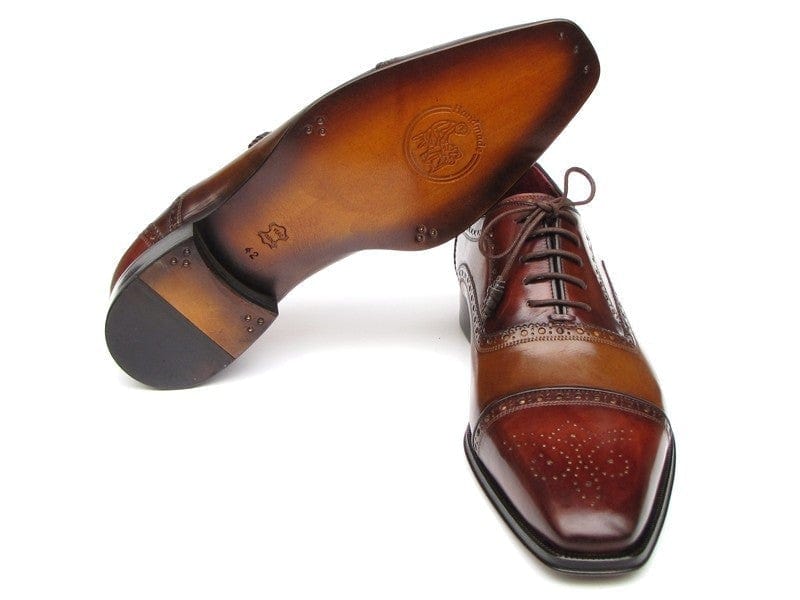 PAUL PARKMAN Paul Parkman Men's Captoe Oxfords - Camel / Red Hand-Painted Leather Upper and Leather Sole (ID#024-CML-BRD)