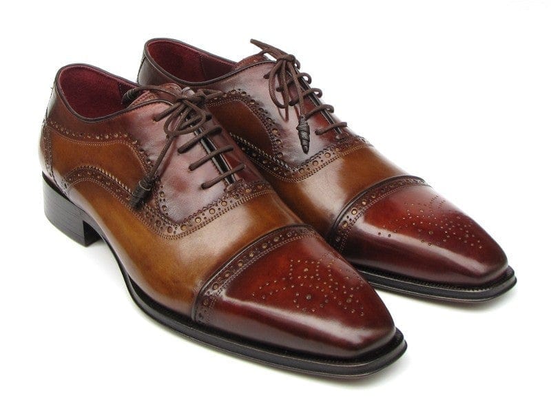PAUL PARKMAN Paul Parkman Men's Captoe Oxfords - Camel / Red Hand-Painted Leather Upper and Leather Sole (ID#024-CML-BRD)