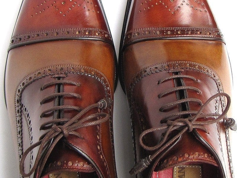 PAUL PARKMAN Paul Parkman Men's Captoe Oxfords - Camel / Red Hand-Painted Leather Upper and Leather Sole (ID#024-CML-BRD)