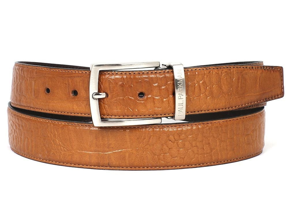 PAUL PARKMAN PAUL PARKMAN Men's Croc Embossed Calfskin Belt Camel (ID#B02-CML)