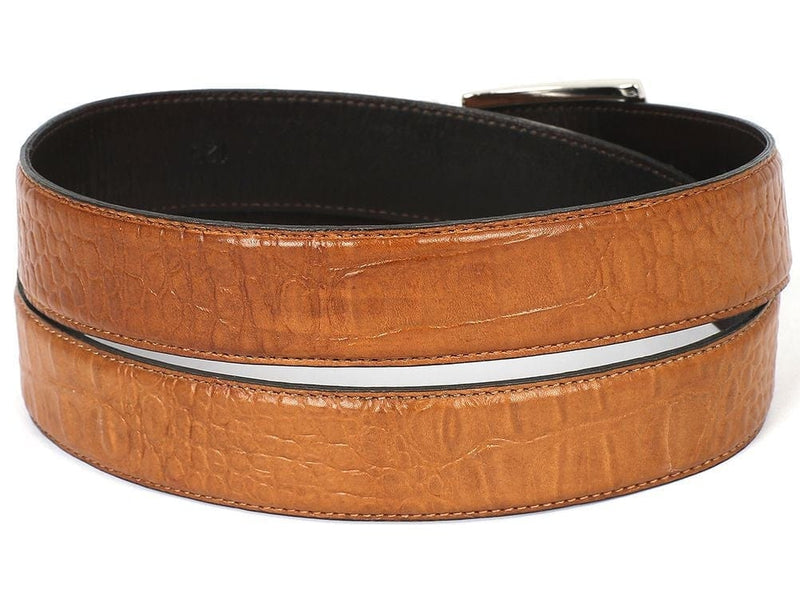 PAUL PARKMAN PAUL PARKMAN Men's Croc Embossed Calfskin Belt Camel (ID#B02-CML)