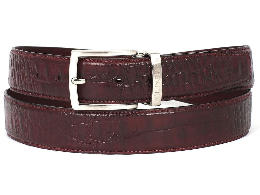 PAUL PARKMAN PAUL PARKMAN Men's Croc Embossed Calfskin Belt Dark Bordeaux (ID#B02-DBRD)